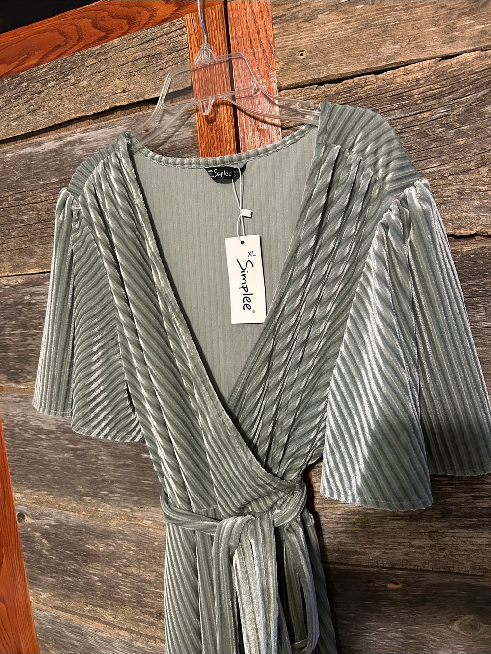 NWT Simplee Plus Flutter Sleeve Tie Side Wrap Velvet Dress Sage Green Size XL - Picture 2 of 13